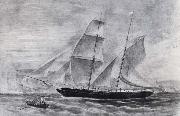 Frederick Garling Shooner in full sail,leaving Sydney Harbour oil